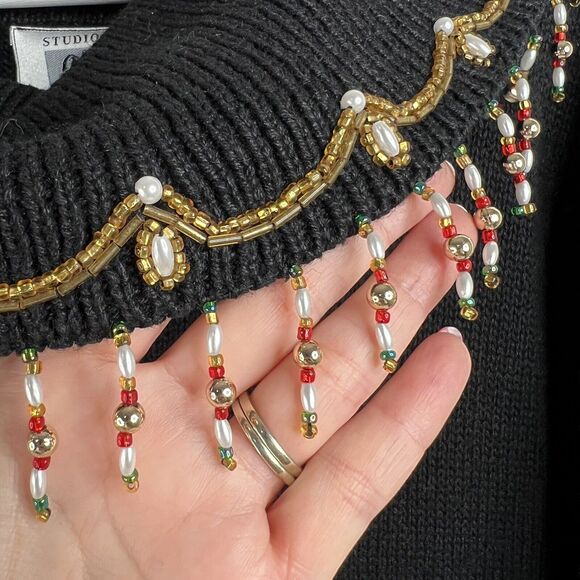 Studio Collection Size L Sweater Beaded Embroidered Holiday Tunic Cowl Neck - Picture 6 of 10